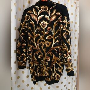 Vintage Dana Buchman Black and Gold Copper  Sequence Wool Sweater Large Disco